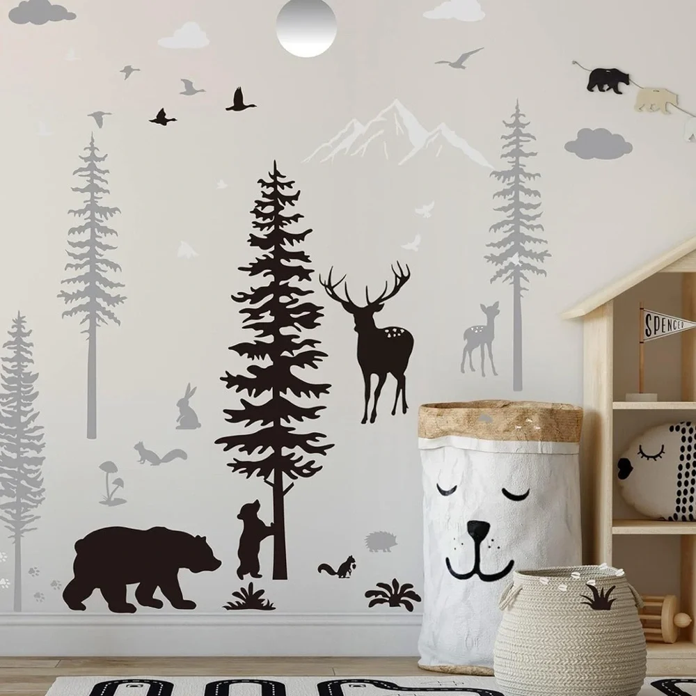 Nursery Wall Decals Forest Deers Wall Stickers Bears Pine Tree Wall Decals (003)